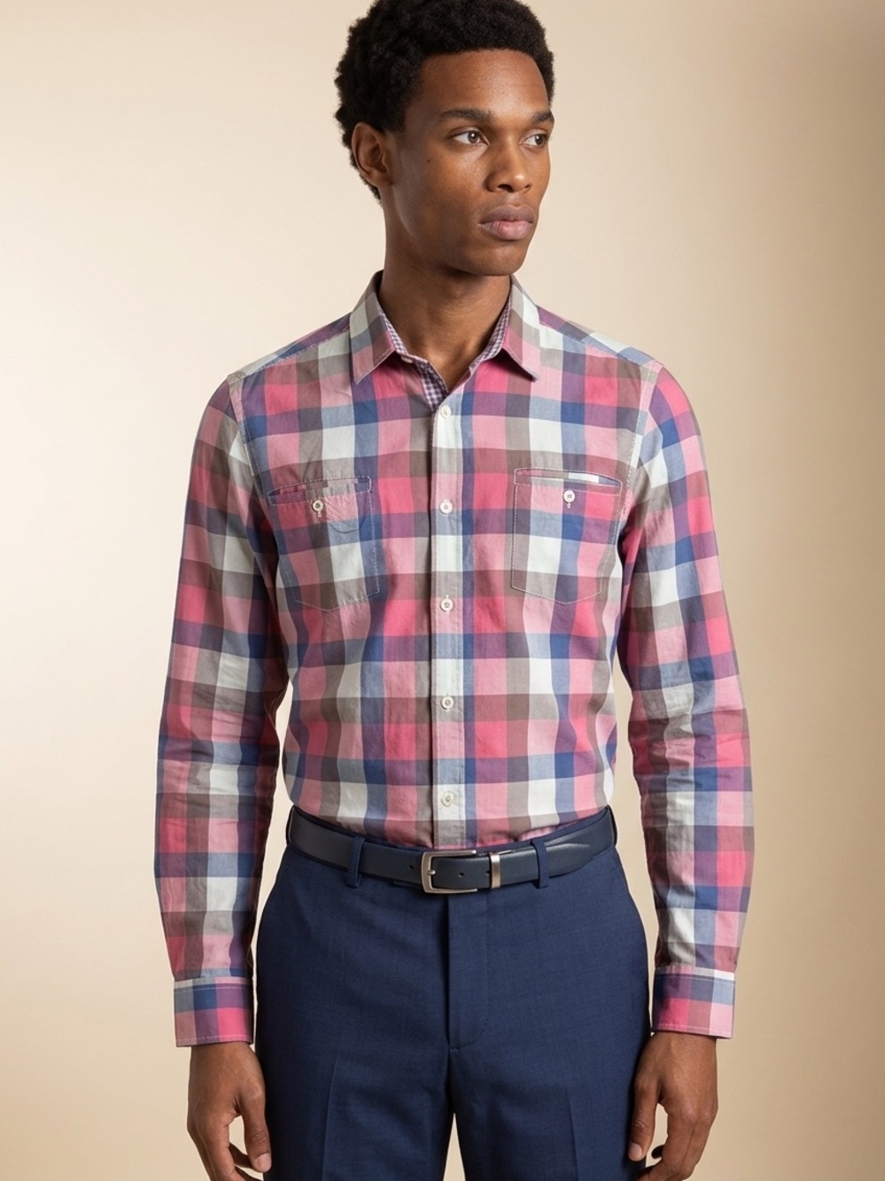 Ben Sherman Pink and Blue Plaid Button-Down Shirt